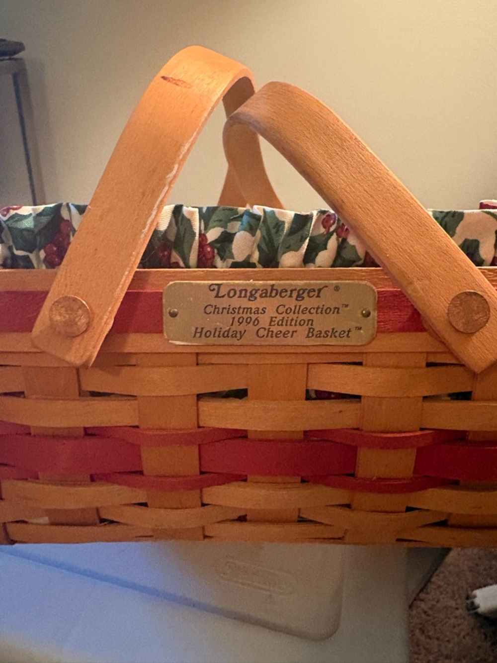 Longaberger Red and Natural Holiday Cheer Basket with Wood Handles